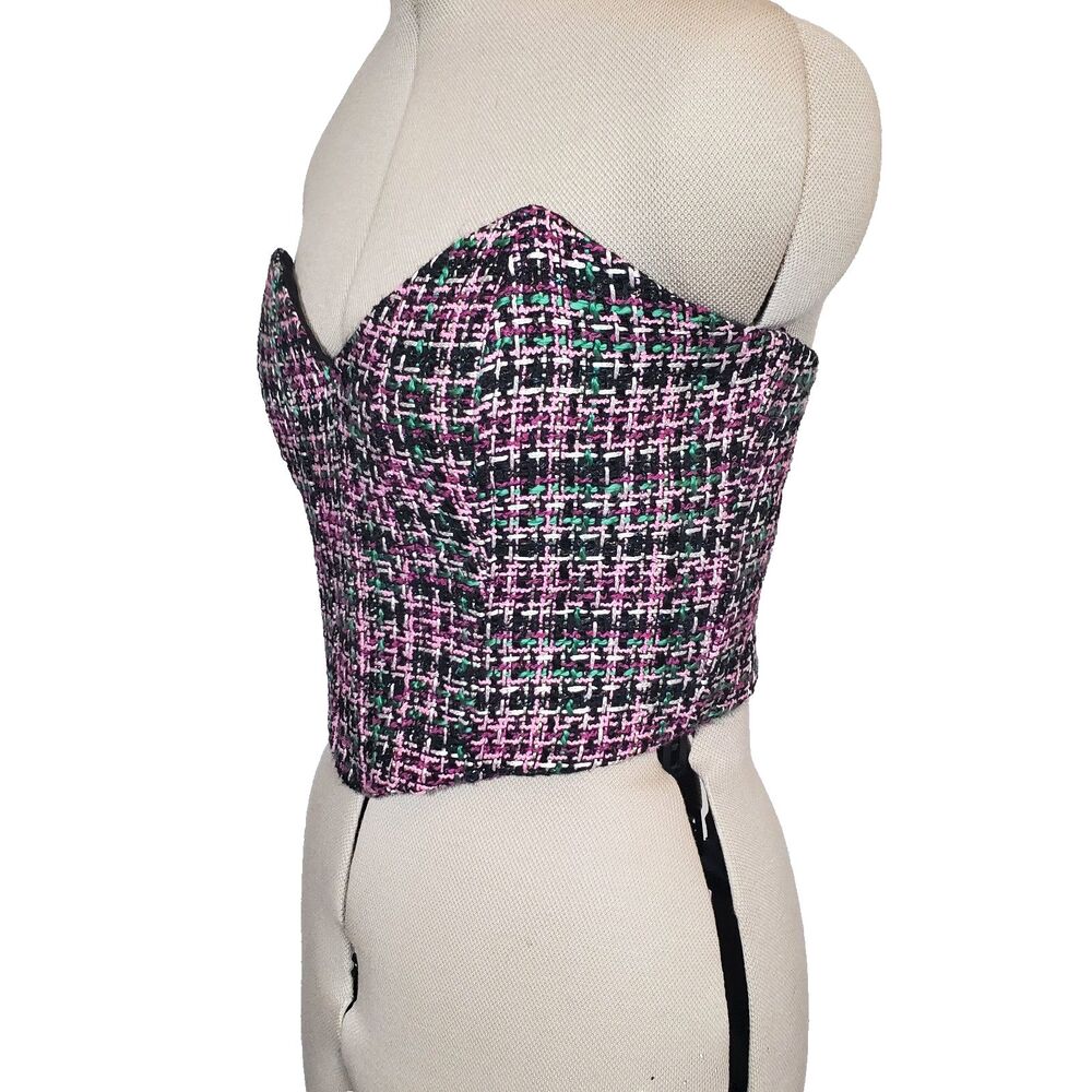 Zara Women’s Corset Top Medium Tweed Black Blue Pink Lined Preppy Versatile